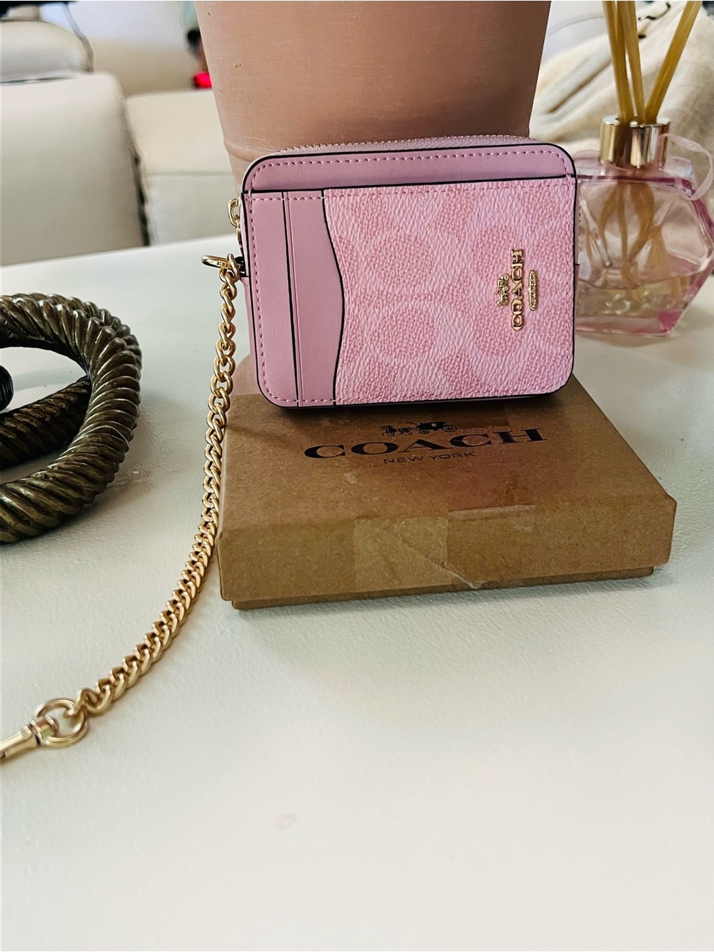 Coach Pink Leather Card Case with Gold Chain Strap